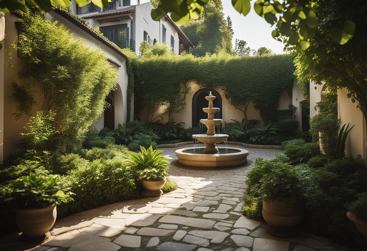 An interior courtyard with lush greenery, a bubbling fountain, and comfortable seating areas. Sunlight filters through the foliage, casting dappled shadows on the stone pathway