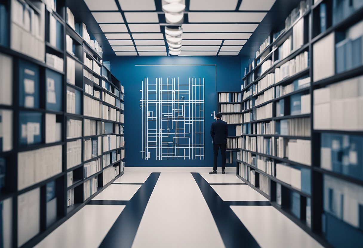 A person standing at a crossroads between two paths: one leading to a room filled with interior design materials, the other to a room filled with architectural blueprints