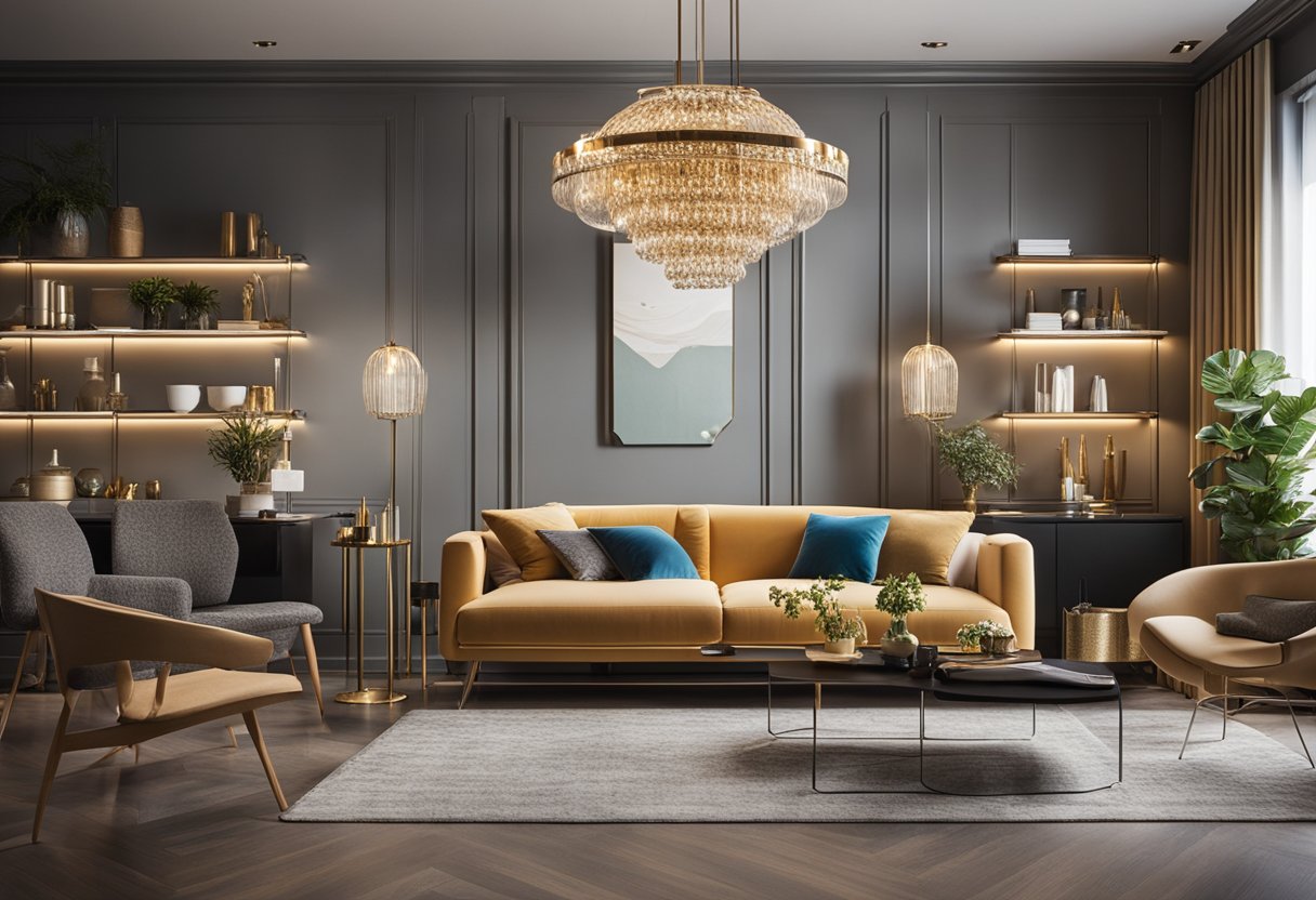 A stylish, modern interior design studio with sleek furniture and vibrant color palettes, adorned with elegant decor and chic lighting fixtures