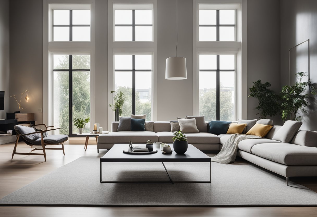 A spacious, modern living room with sleek furniture, large windows, and a minimalist color palette. High ceilings and natural light create a sense of openness and luxury
