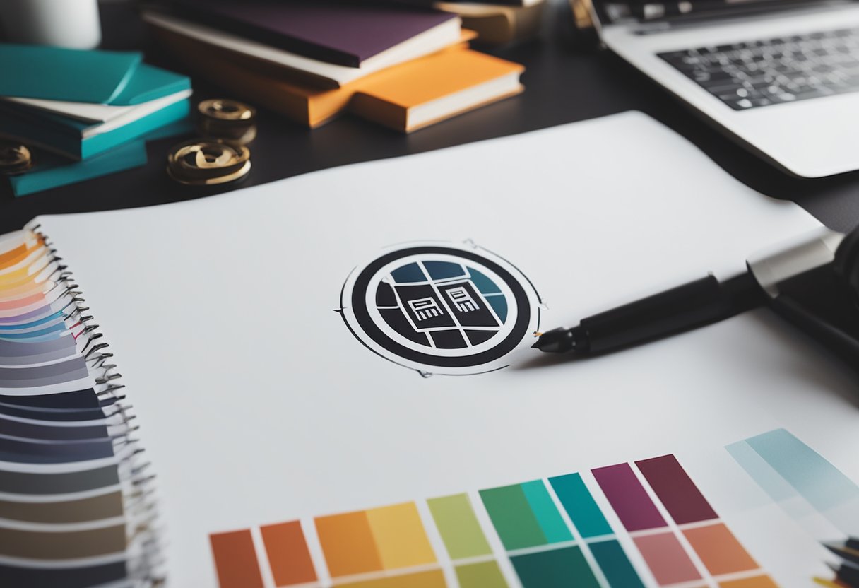 A stylish logo being sketched with a sleek pen on a clean white paper, surrounded by color swatches and design books