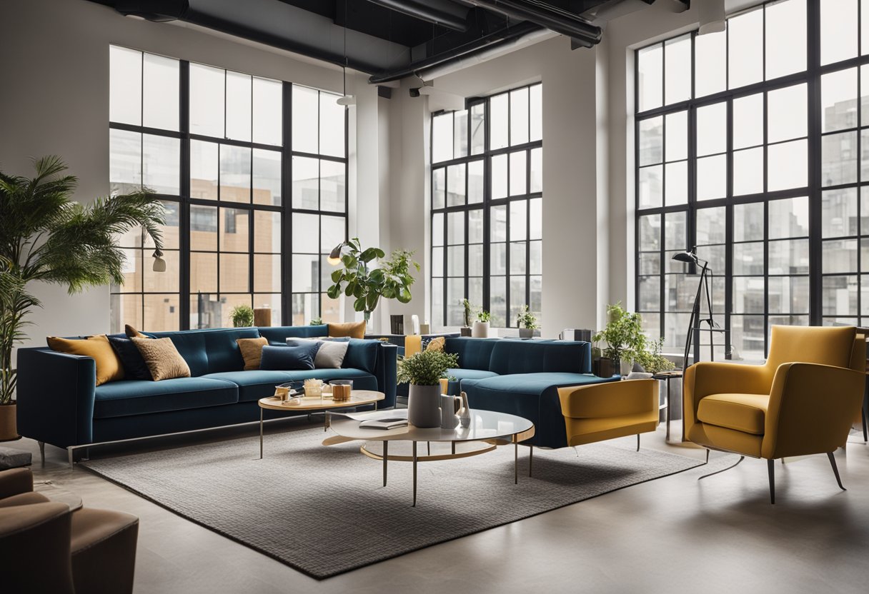 A modern interior design studio with sleek furniture, vibrant color swatches, and stylish decor displays. The space exudes creativity and sophistication, with large windows allowing natural light to illuminate the room