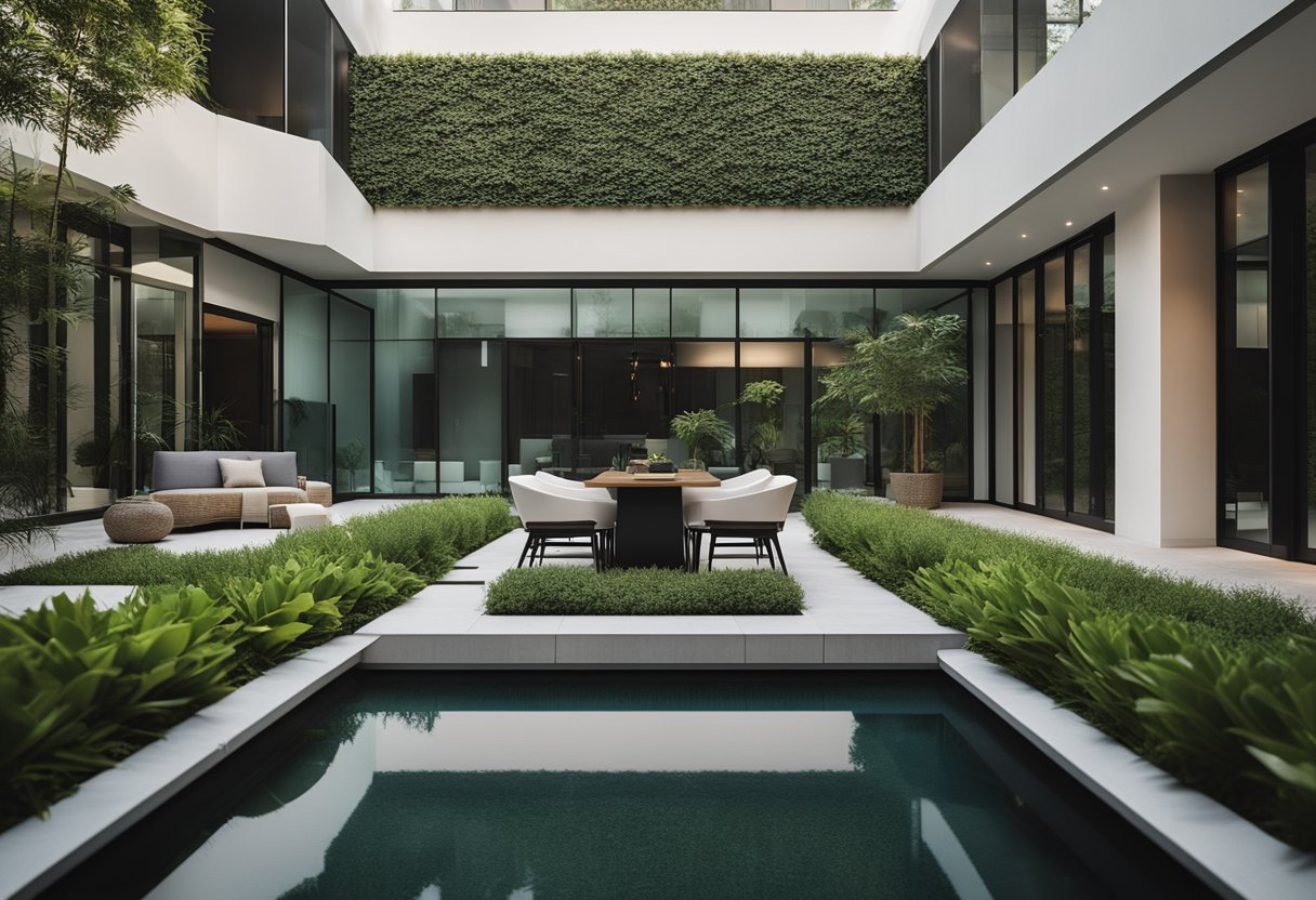 A modern courtyard with geometric patterns, lush greenery, and minimalist furniture, blending cultural influences with contemporary design