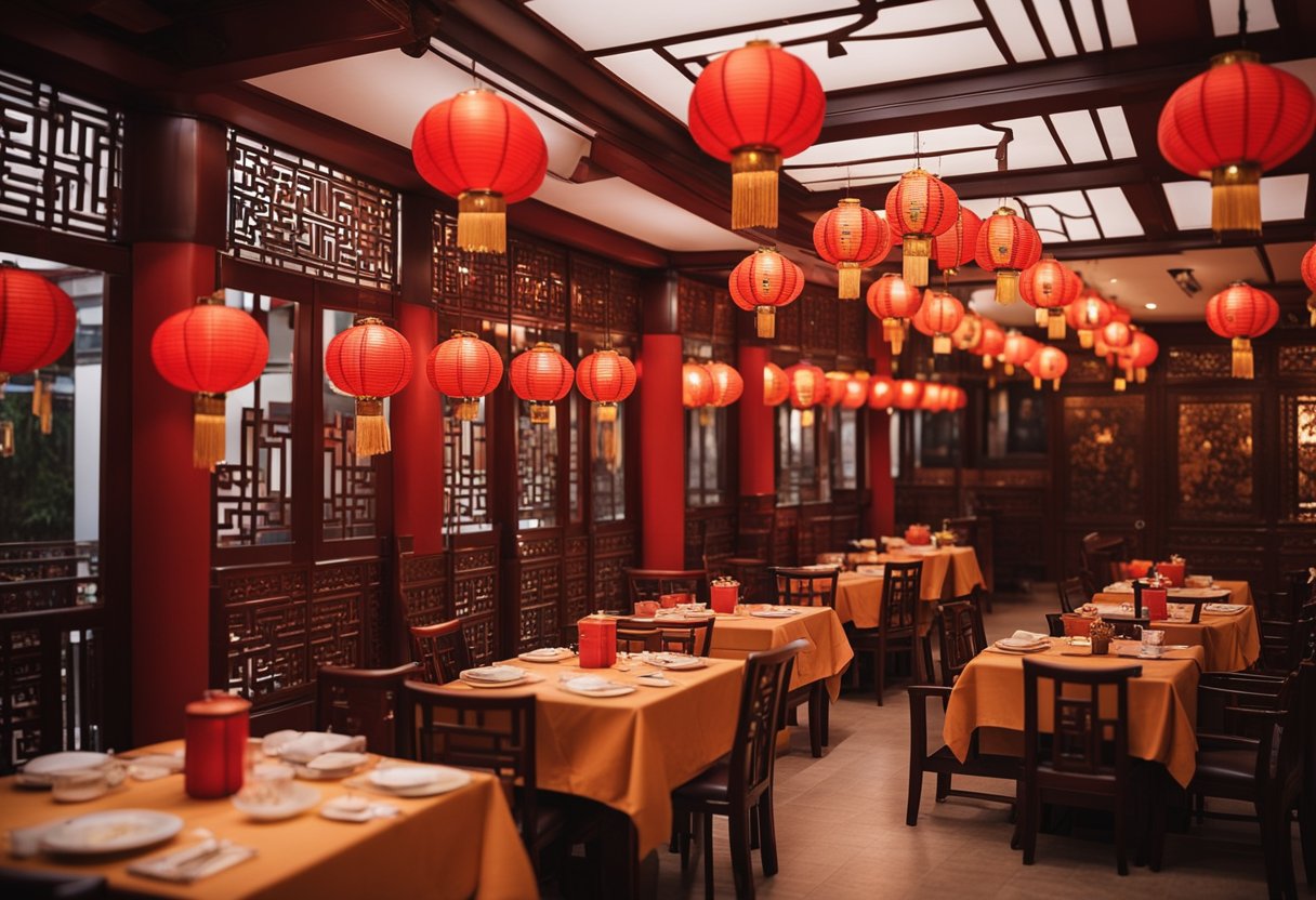 A cozy Chinese restaurant with traditional red lanterns, wooden tables, and intricate paper cuttings adorning the walls