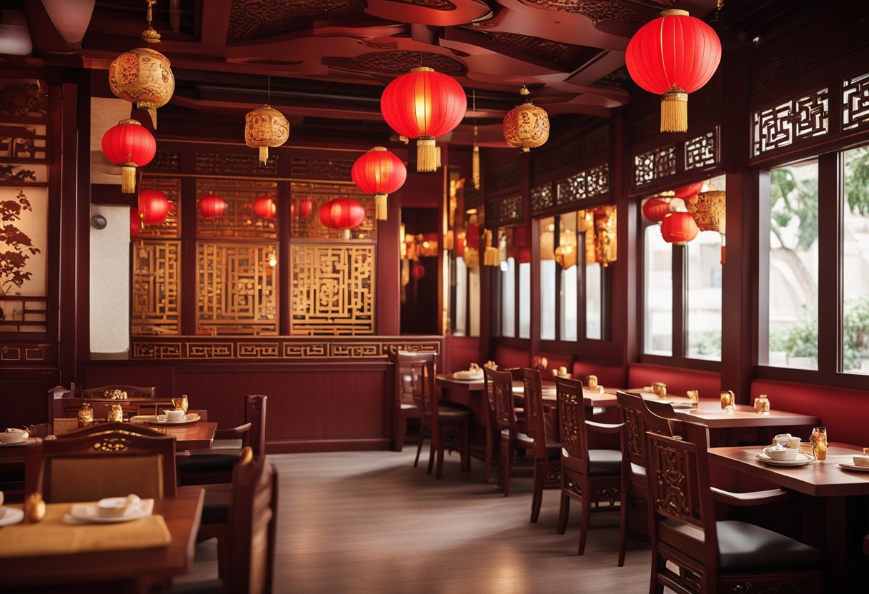 A Chinese restaurant with traditional design elements and aesthetics, featuring ornate wooden furniture, intricate red and gold accents, and delicate paper lanterns hanging from the ceiling