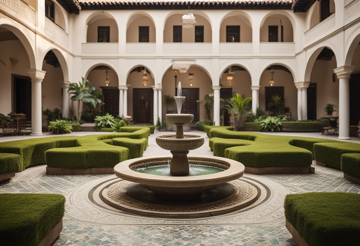 The interior courtyard features a central fountain surrounded by lush greenery and seating areas. The architecture includes intricate tile work and arched doorways