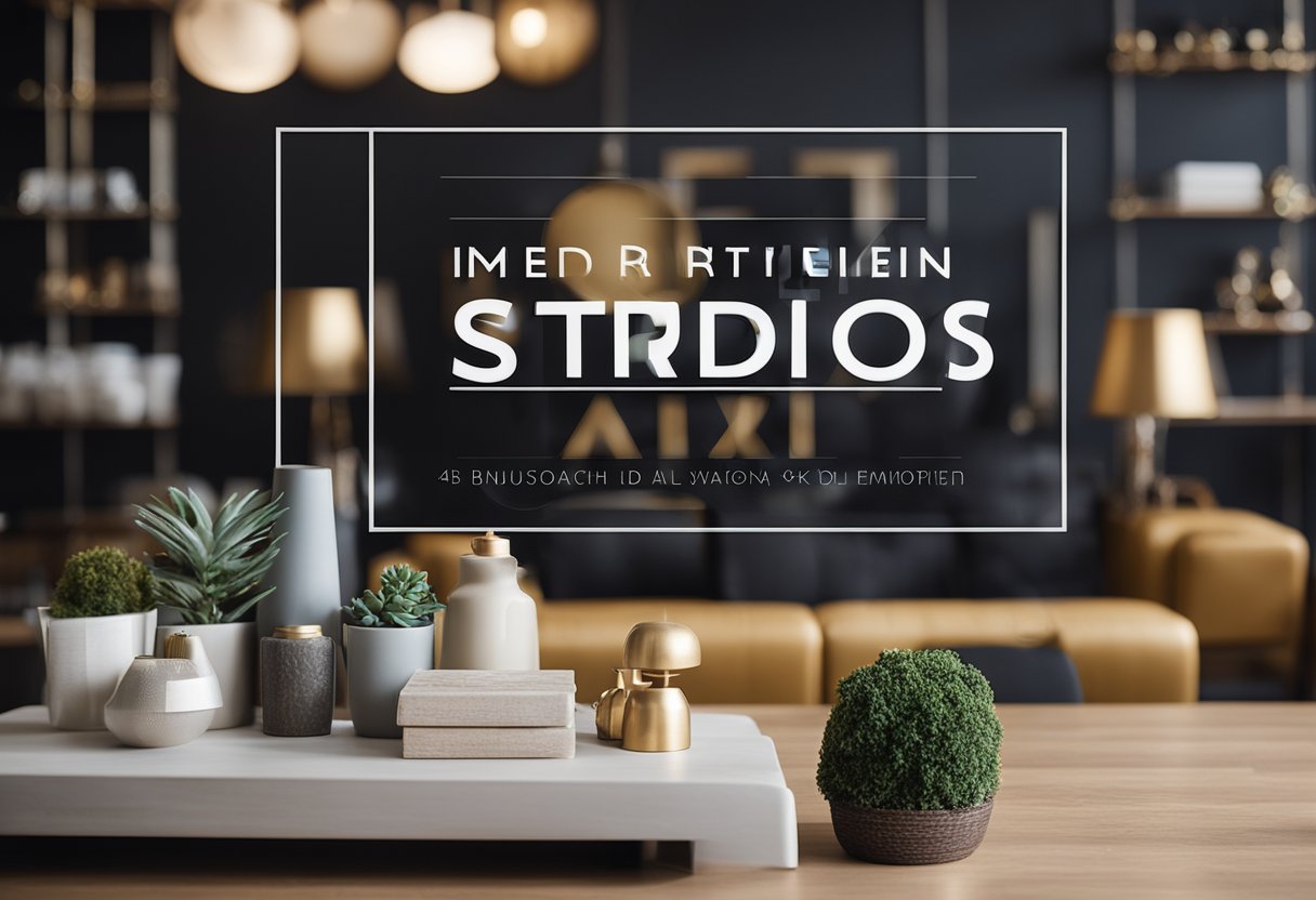 A modern interior design studio sign surrounded by stylish furniture and decor samples