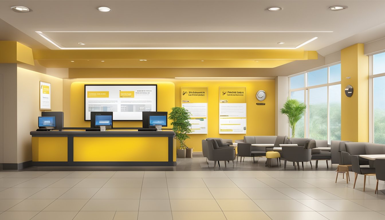 A bright and inviting bank branch with a prominent display of "Maybank Personal Loan Terms and Conditions" signage. The atmosphere is professional yet welcoming, with comfortable seating and informative brochures available