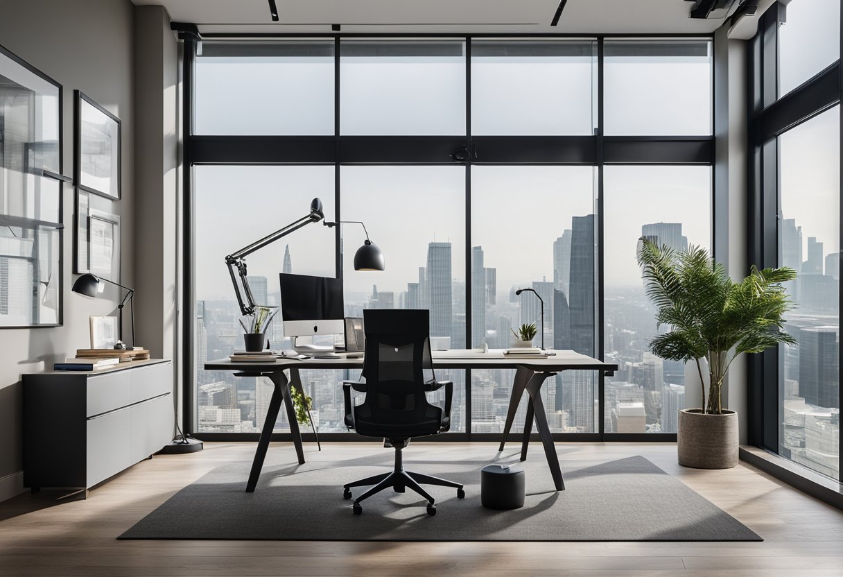 A modern office with sleek furniture, floor-to-ceiling windows, and a minimalist color palette. Blueprints and design samples are neatly organized on the desk, while a mood board hangs on the wall