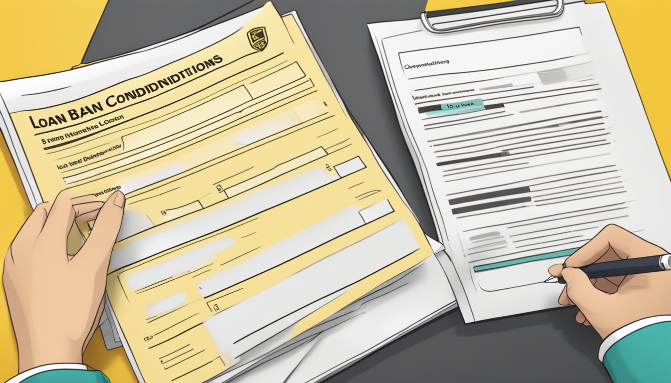 A person filling out a loan application form with Maybank terms and conditions visible