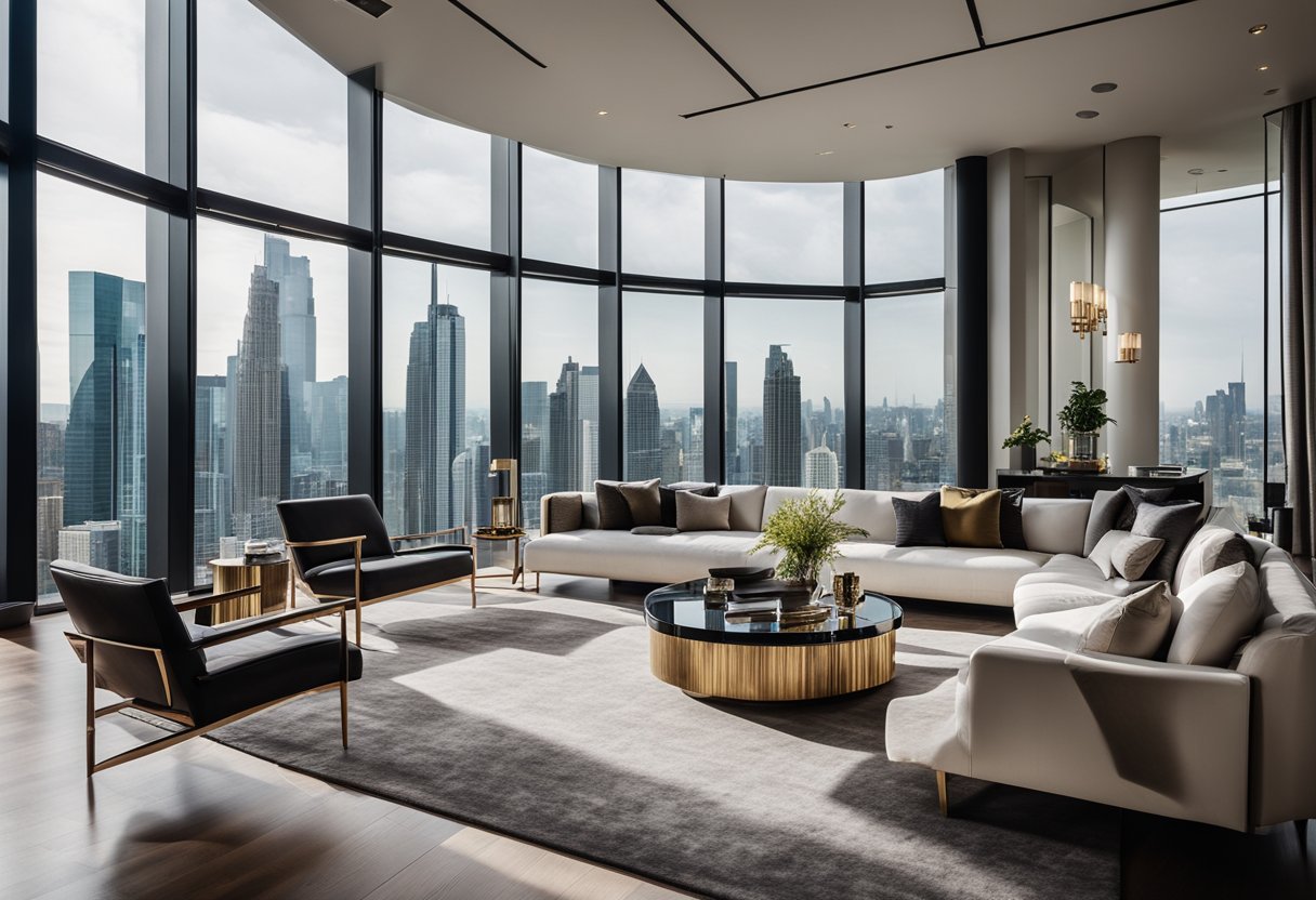 A luxurious living room with high ceilings, modern furniture, and large windows showcasing a breathtaking city skyline. Rich textures and vibrant colors create an atmosphere of sophistication and elegance