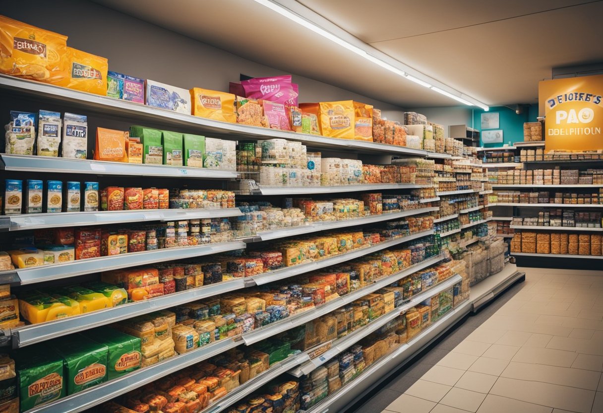 The mini market interior features shelves stocked with products, a checkout counter, and colorful signage. Bright lighting illuminates the space, and a variety of goods are neatly organized throughout the store