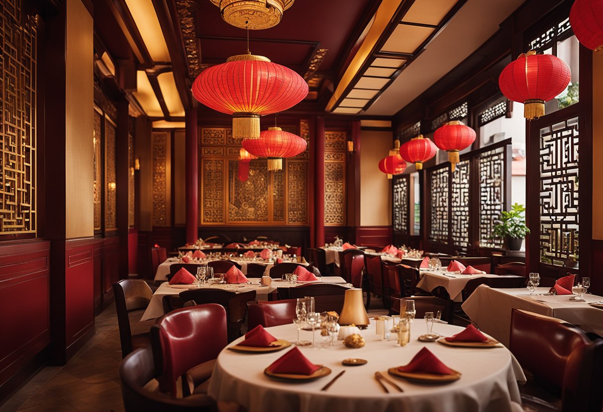The Chinese restaurant's interior design features traditional red and gold accents, ornate wooden furniture, and intricate paper lanterns, evoking a sense of cultural significance and providing an immersive dining experience
