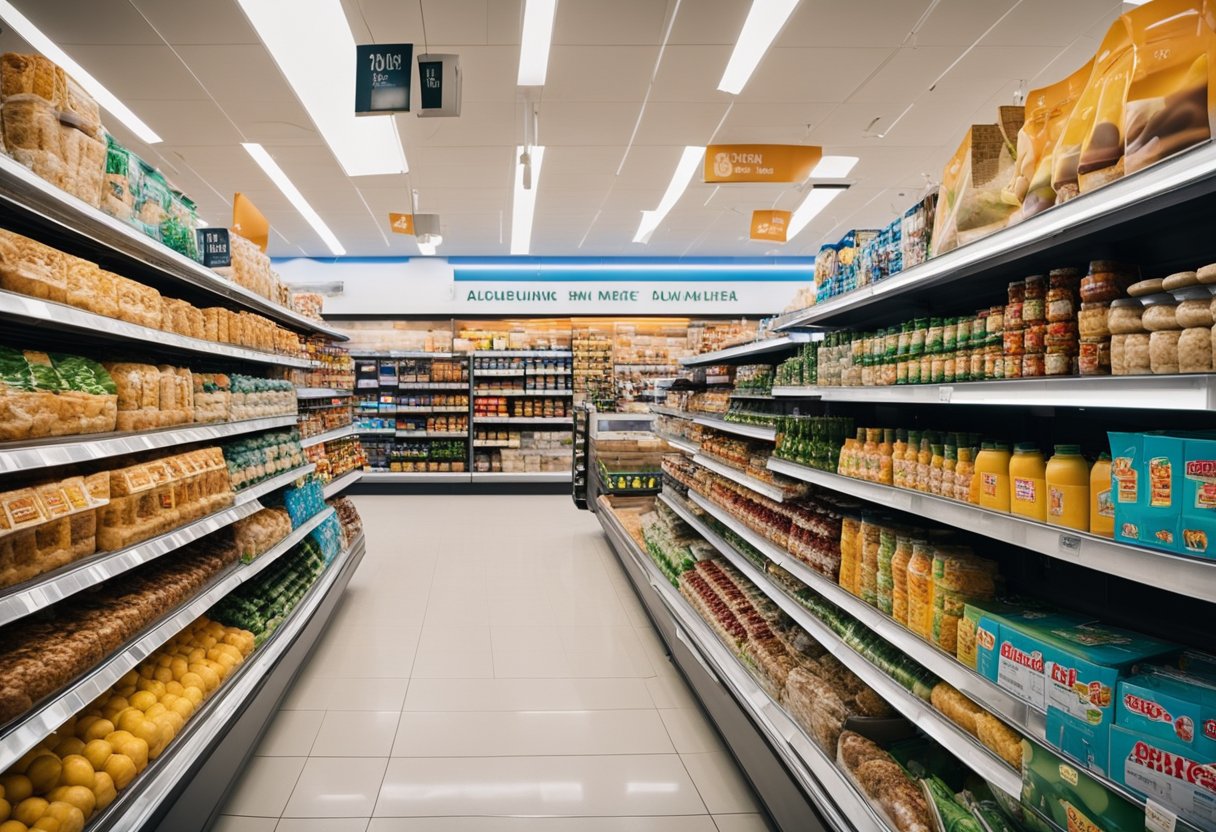 The mini market interior features a modern layout with clean lines and bright colors. Aisles are organized and well-lit, with attractive displays of products. The overall aesthetic is inviting and efficient