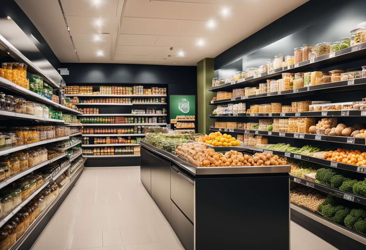 The mini market interior features sleek, modern shelves, bright lighting, and organized product displays