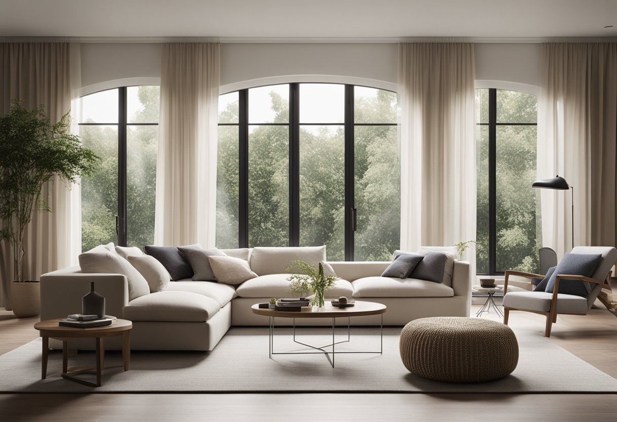 A modern living room with a sleek, minimalist design. Neutral color palette, clean lines, and natural light streaming in through large windows