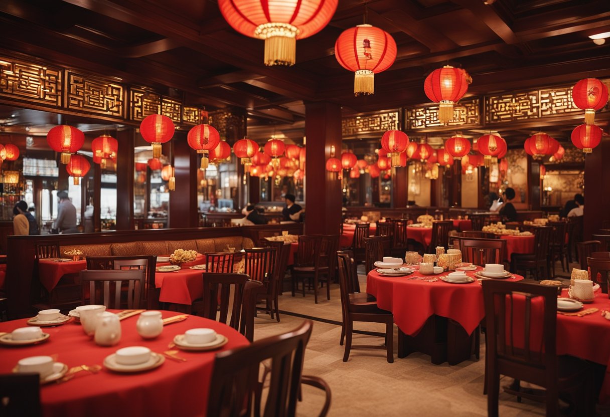 A bustling Chinese restaurant with traditional decor, ornate lanterns, and intricate wood carvings. Patrons dine at round tables adorned with red and gold tablecloths, while servers bustle about with steaming dishes