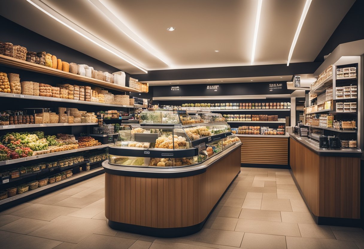 The mini market interior features organized shelves, a checkout counter, and a display of frequently asked questions. Bright lighting and a clean, modern design create a welcoming atmosphere