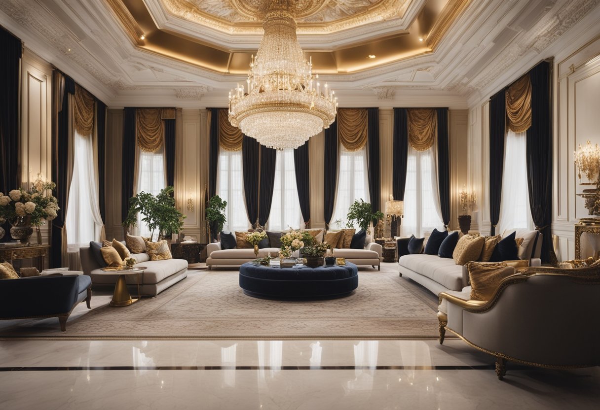 A lavish living room with high ceilings, intricate moldings, and opulent chandeliers. Luxurious materials like marble, velvet, and gold accents adorn the space, creating a sense of grandeur and elegance