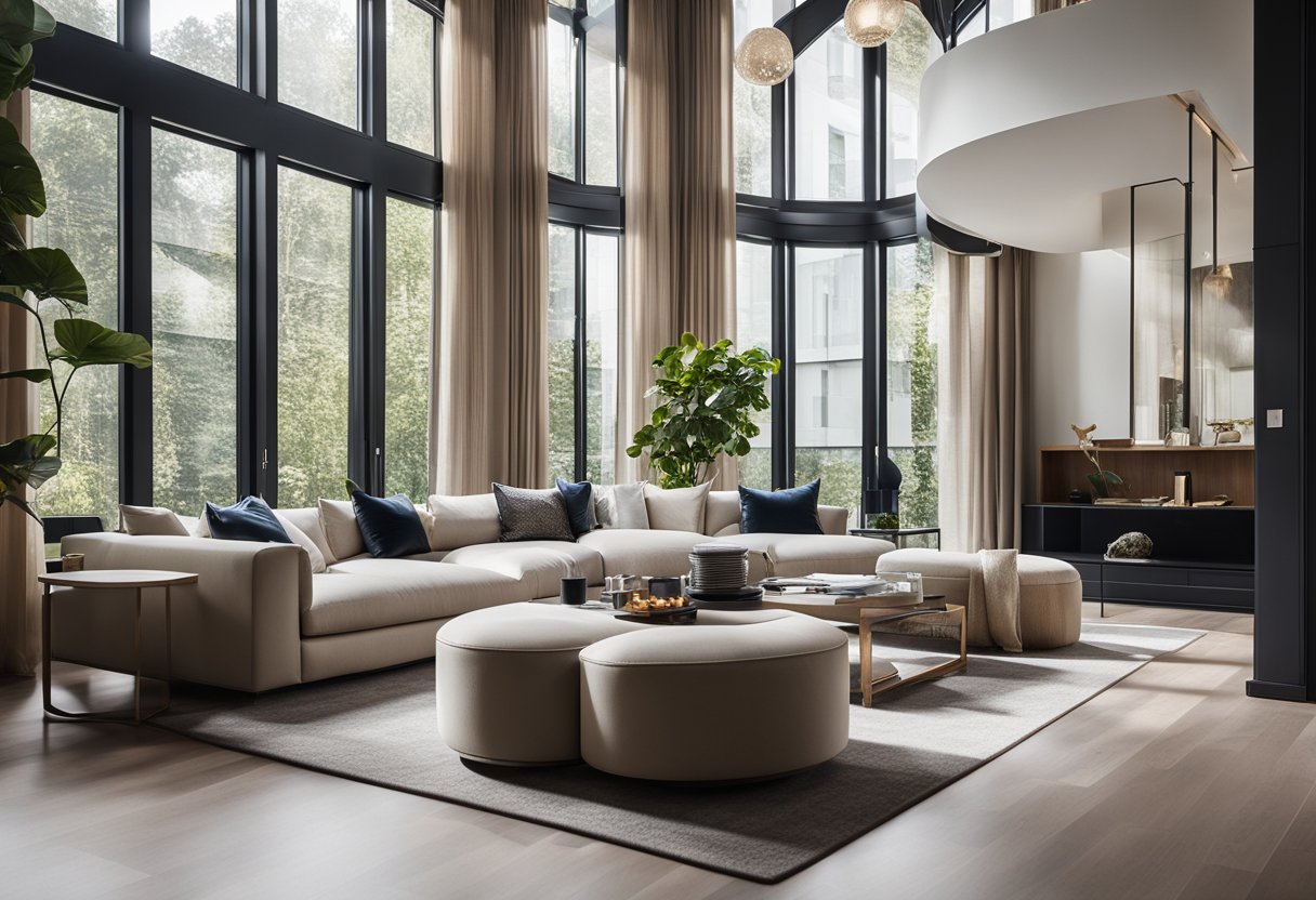 A luxurious, modern living room with sleek furniture and elegant decor. Tall windows let in natural light, showcasing the exquisite design of the space