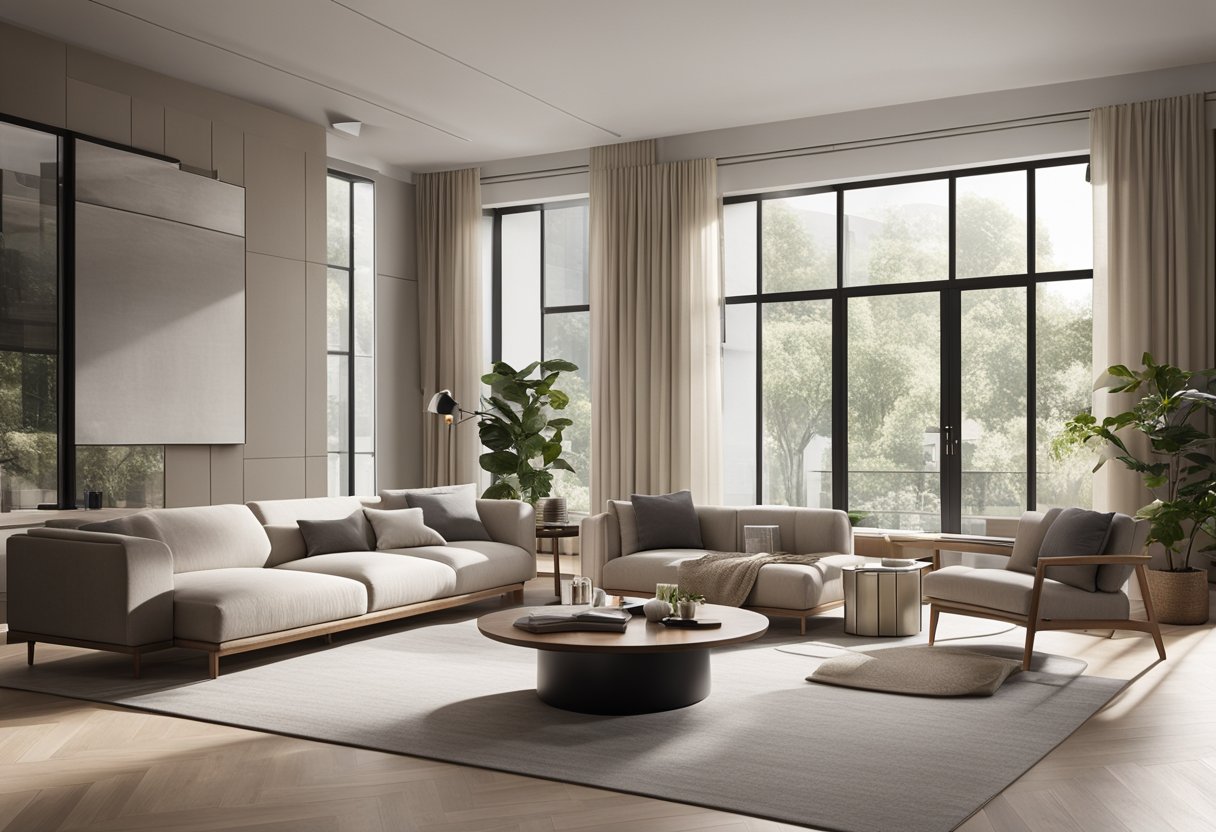A modern living room with sleek furniture, neutral color palette, and minimalist decor. Large windows let in natural light, creating a bright and airy space