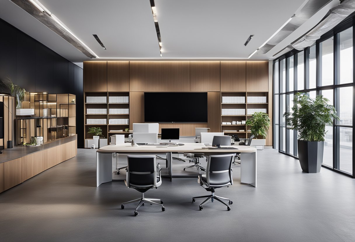A modern office space with a sleek reception area, shelves of design samples, and a team of professionals discussing projects