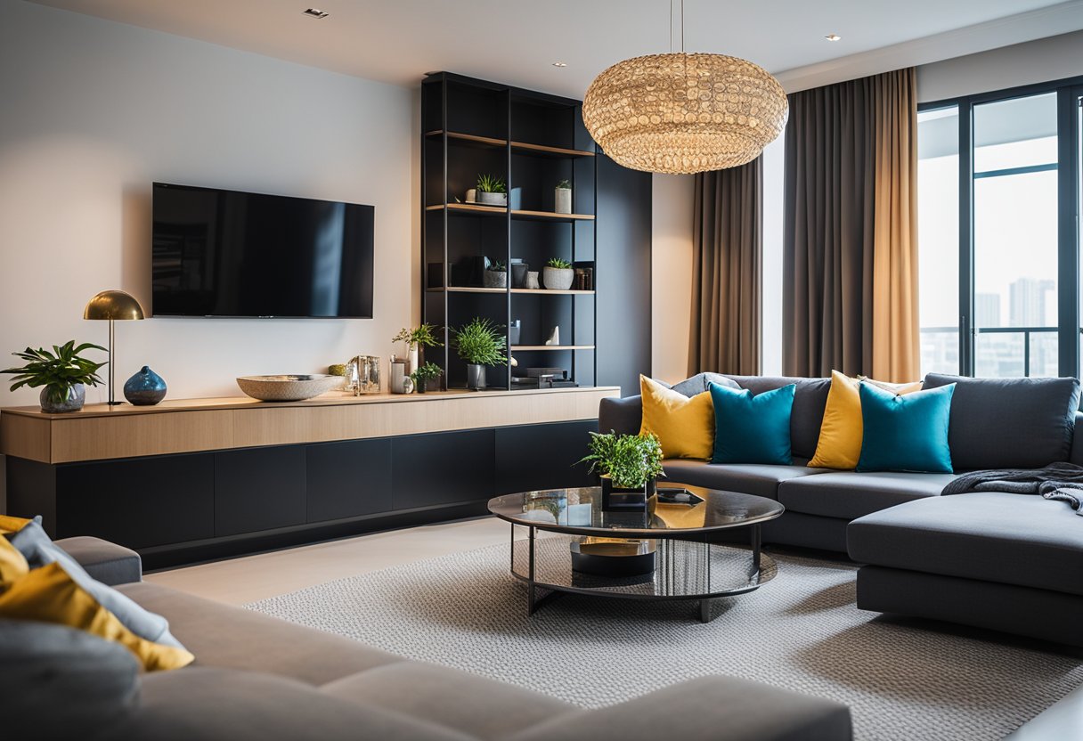 A modern living room with sleek furniture and vibrant accents, showcasing the expertise of U Home Interior Design Pte Ltd
