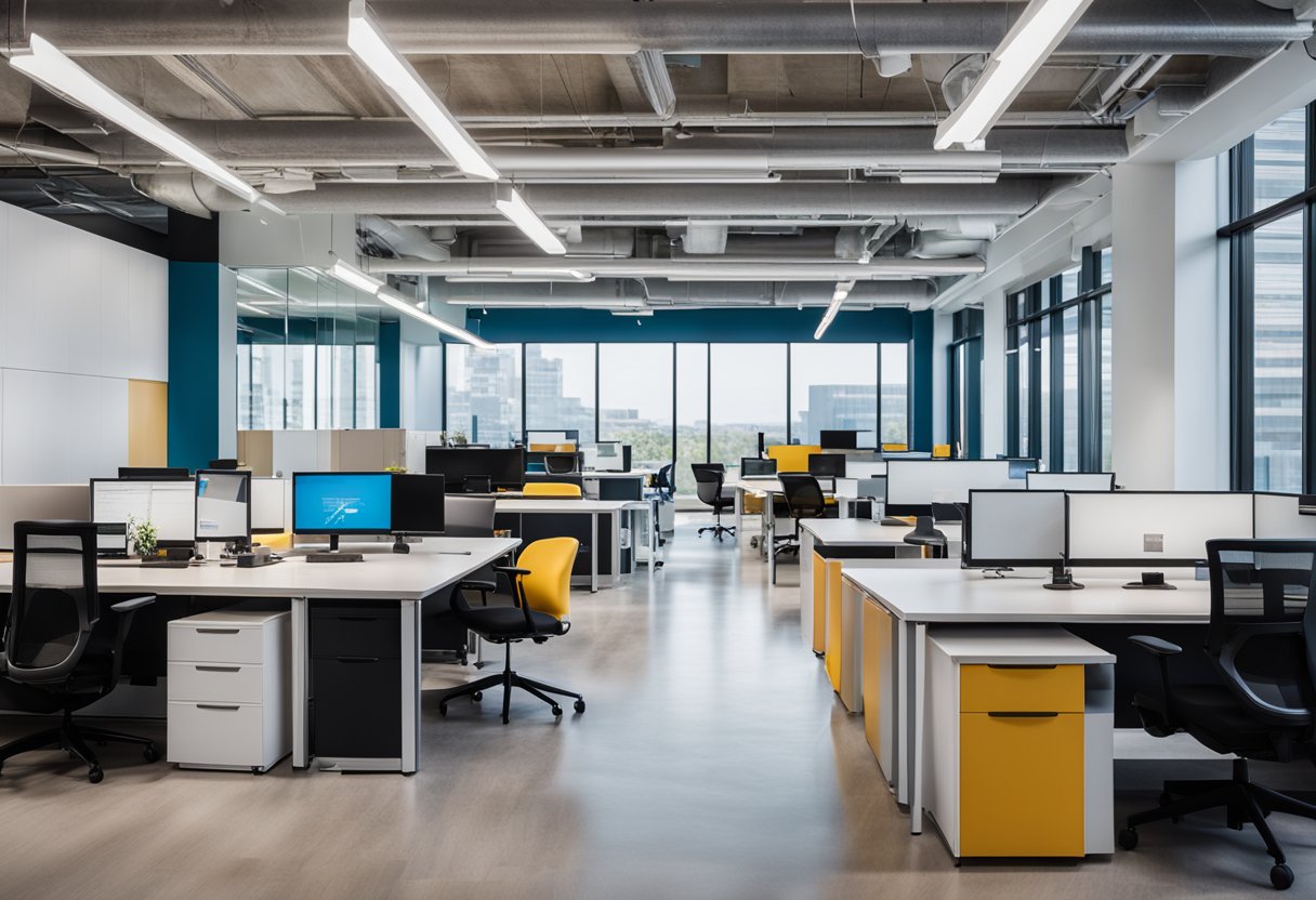 The software office has modern furniture, sleek computers, and vibrant accent colors. The open layout encourages collaboration, with large windows providing natural light