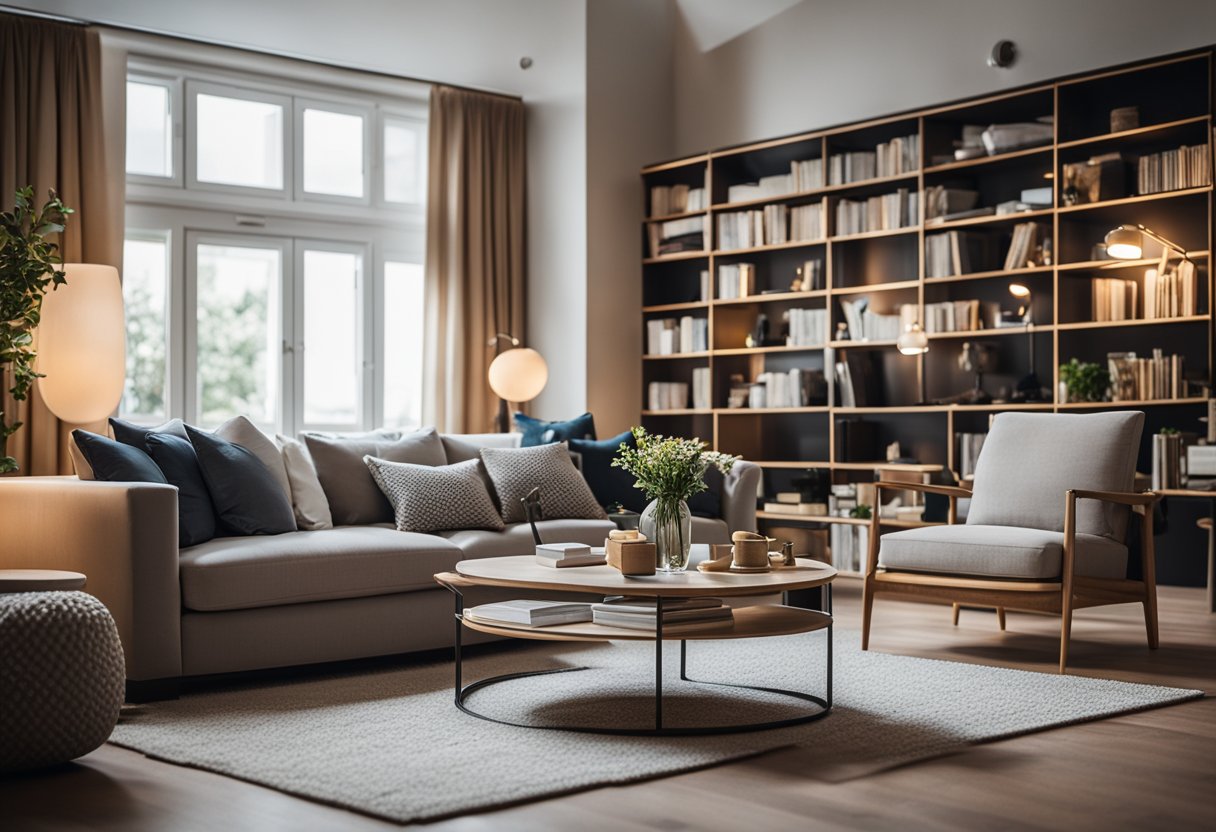 A cozy living room with modern furniture, warm lighting, and a stylish rug. A bookshelf filled with design books and decorative items