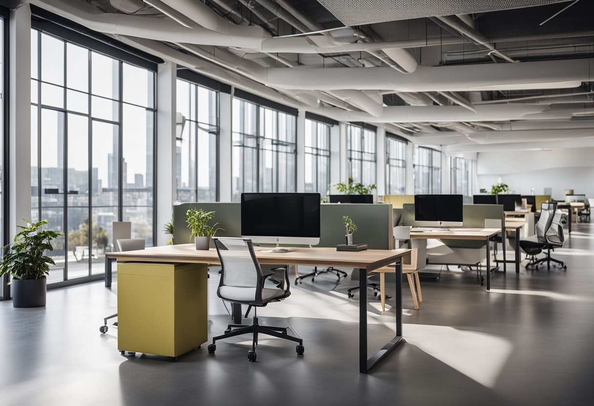 A spacious, modern office with sleek furniture, large windows, and plenty of natural light. The space features a mix of collaborative work areas and private nooks for focused work