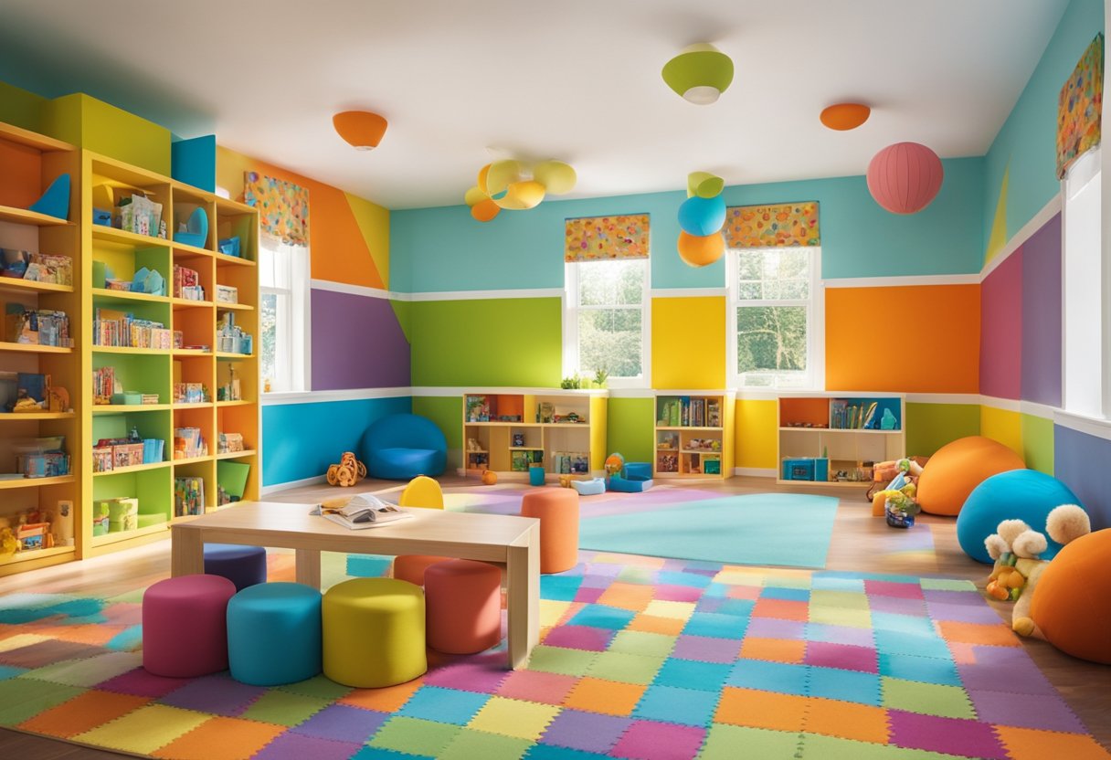 Brightly colored walls with alphabet decals, cozy reading nook with floor cushions, organized toy shelves, and a play area with a soft rug and child-sized tables and chairs