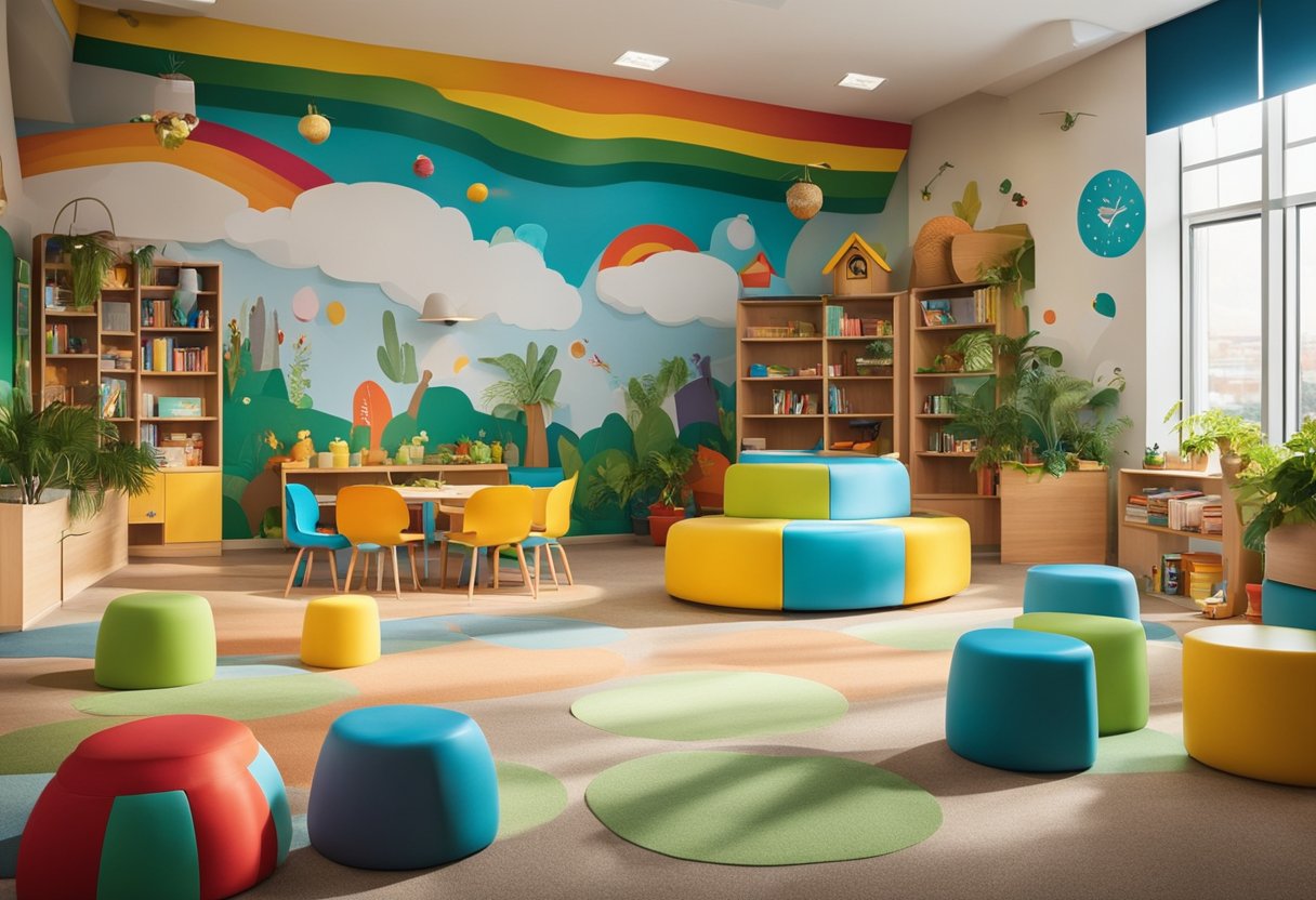 Bright, colorful walls with educational murals. Play areas filled with interactive toys and books. Comfortable seating for caregivers. Natural light and plants for a calming atmosphere