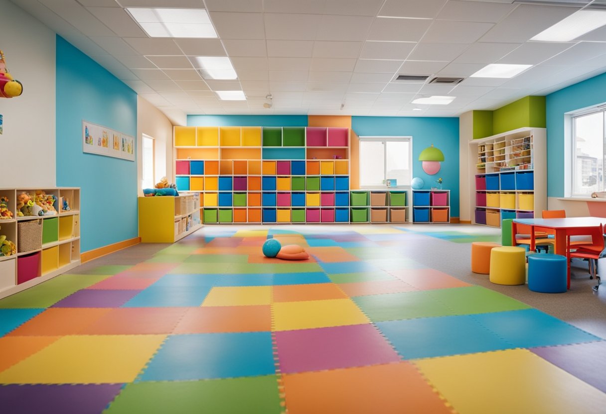 Bright, spacious daycare interior with soft, padded flooring, colorful and easy-to-clean furniture, and clearly labeled storage for toys and supplies