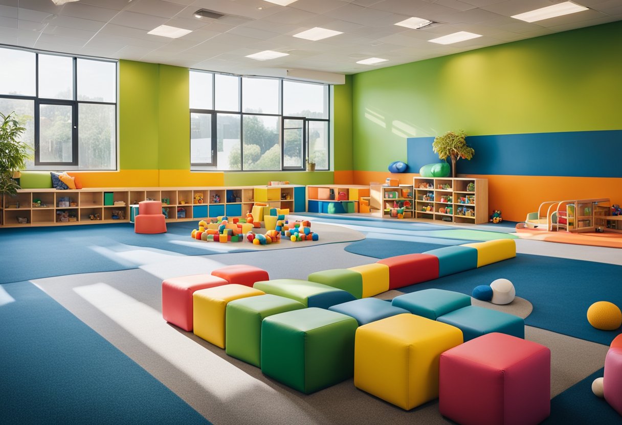 A colorful and inviting daycare interior with soft play areas, educational toys, and comfortable seating for parents. Bright, cheerful colors and natural light create a welcoming atmosphere for children and families
