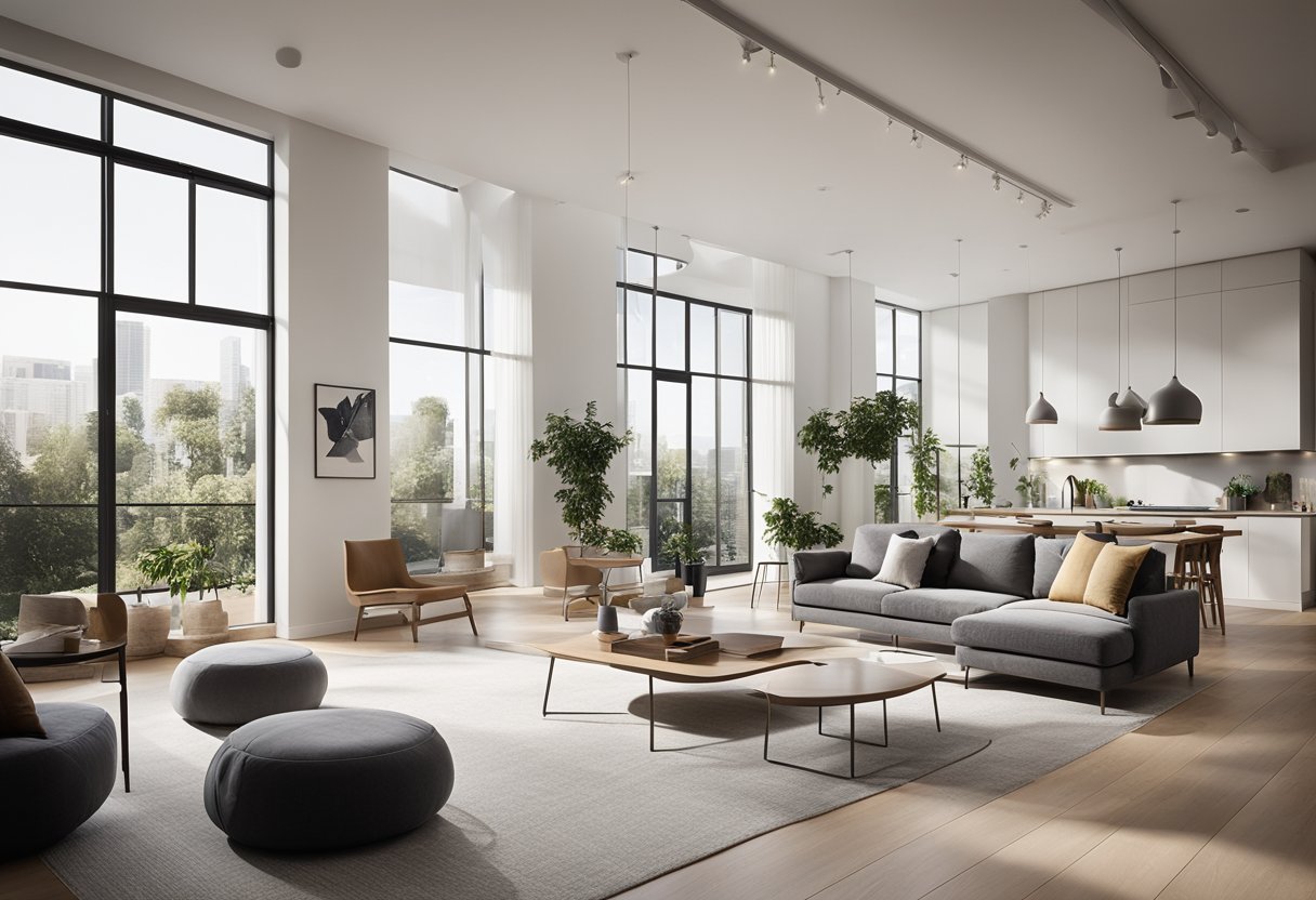 A spacious, airy room with seamless flow between living, dining, and kitchen areas. High ceilings, large windows, and minimalistic furniture create a modern, open feel