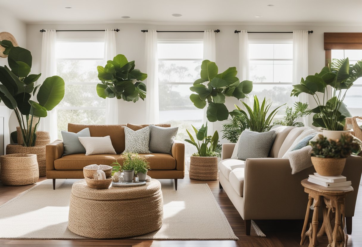 A cozy living room with natural light, earthy tones, and comfortable furniture. Plants and coastal decor accents complete the California casual vibe