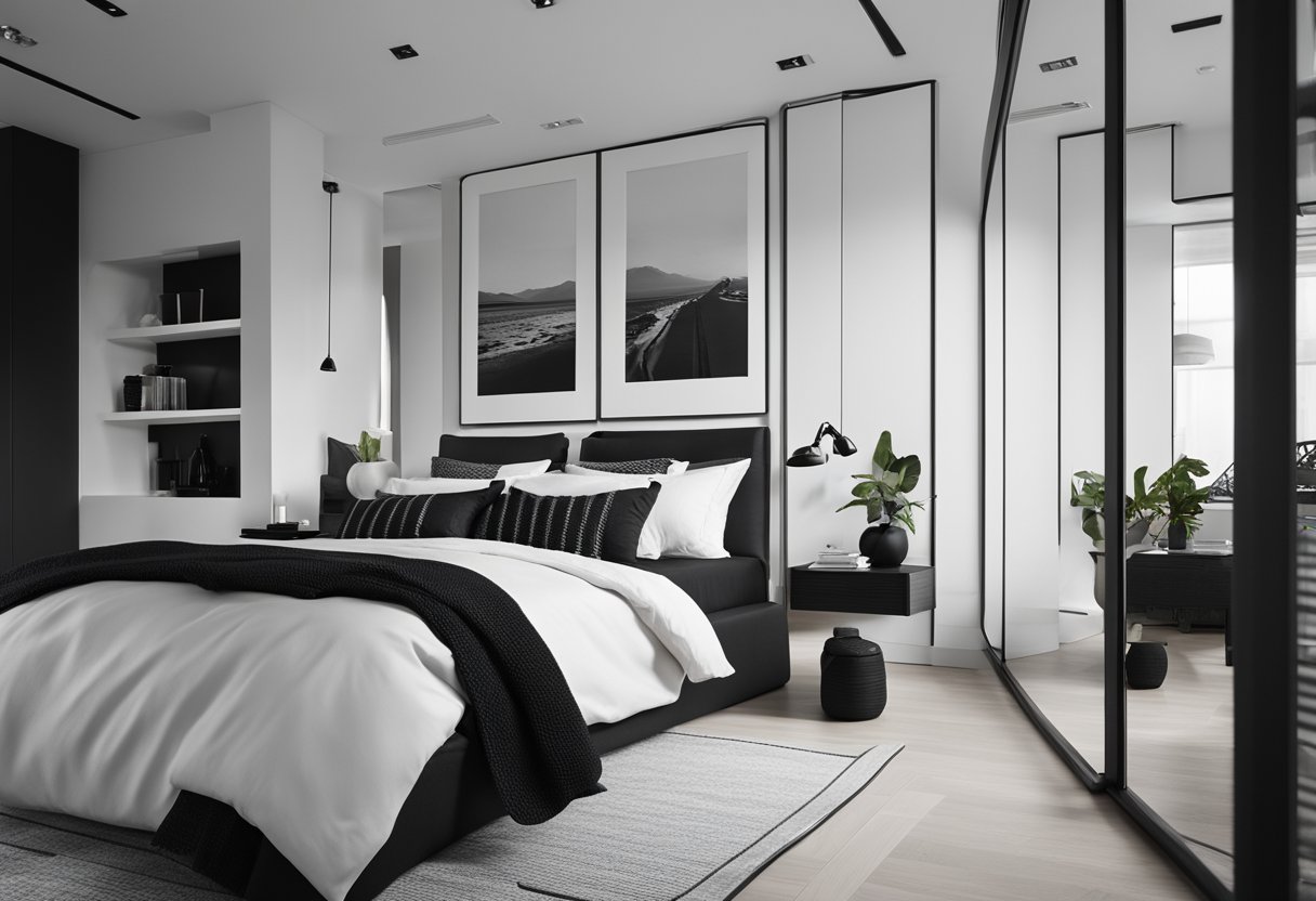 A black and white bedroom with minimalistic furniture and clean lines. The walls are painted white, with black accents in the decor and bedding