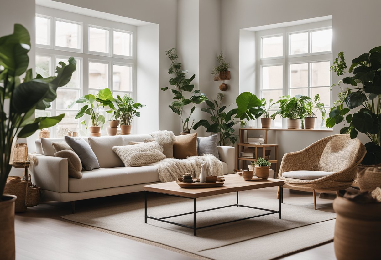 A bright, airy living room with natural materials, neutral colors, and cozy textiles. Large windows let in plenty of natural light, and potted plants add a touch of greenery