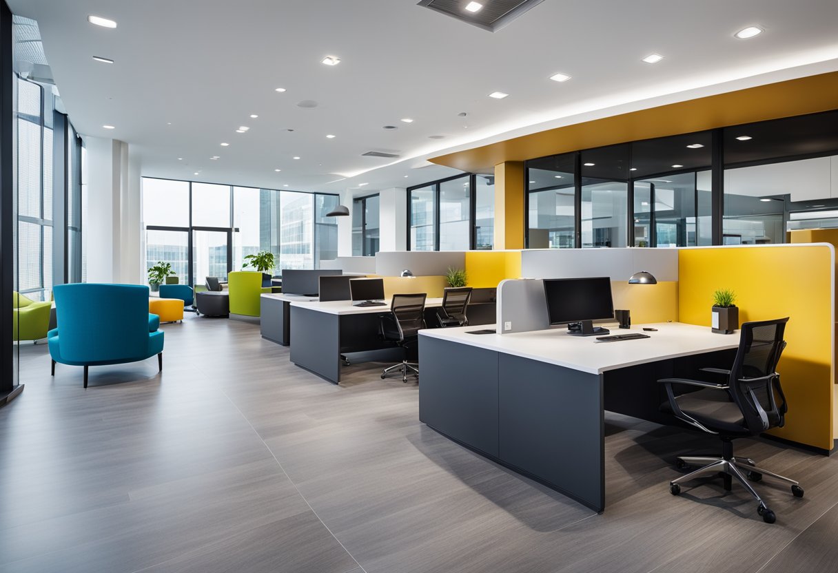 An open-plan office with modern furniture, vibrant color scheme, and large windows. A central reception area with a sleek FAQ kiosk and comfortable seating