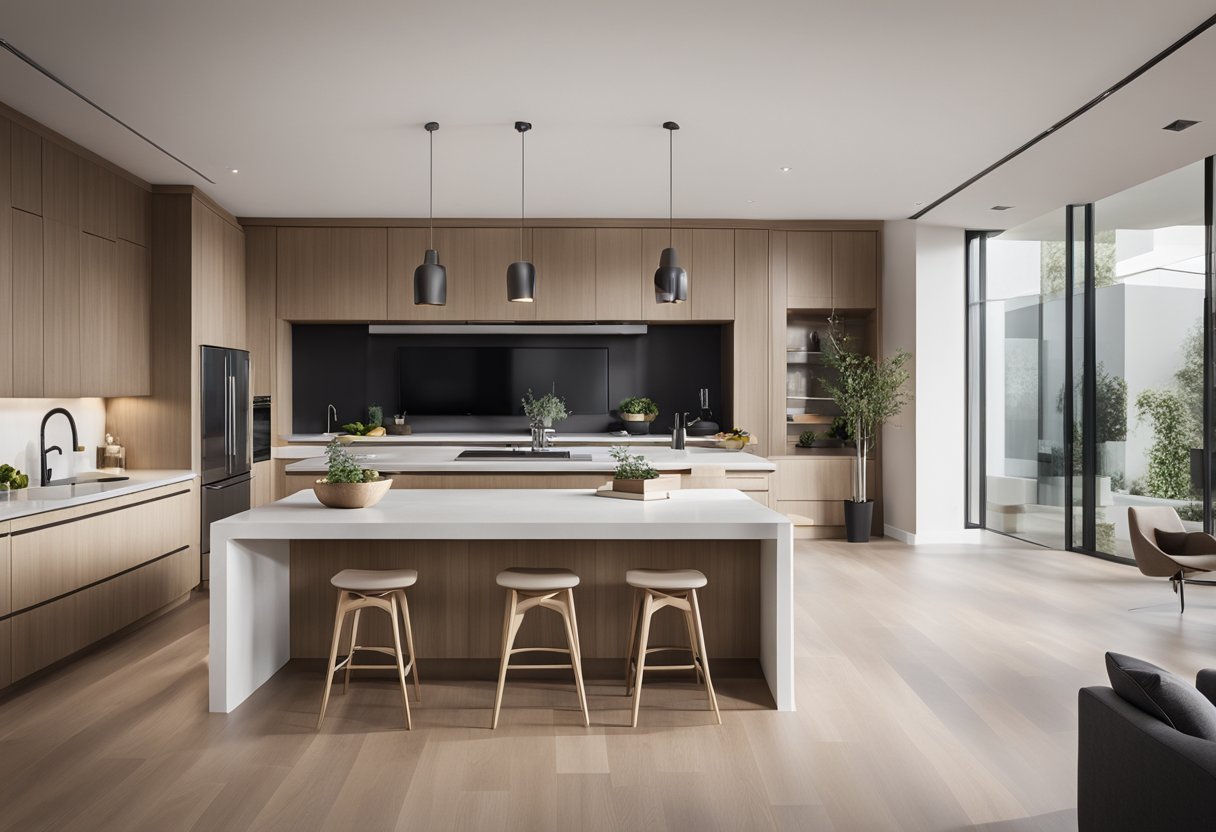 A spacious living room flows seamlessly into a modern kitchen, with sleek countertops and a large island. Natural light floods the open concept space, highlighting the clean lines and minimalist decor