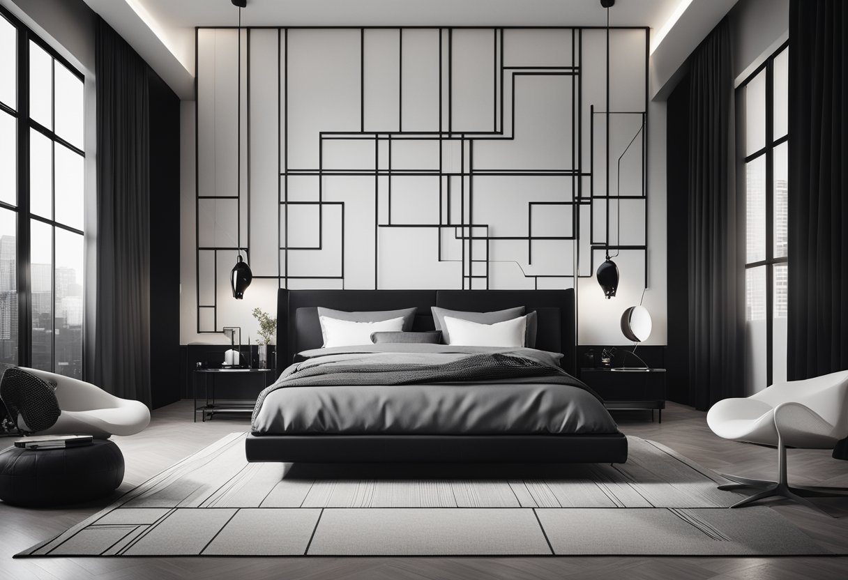 A sleek black and white bedroom with geometric patterns, clean lines, and minimalistic furniture