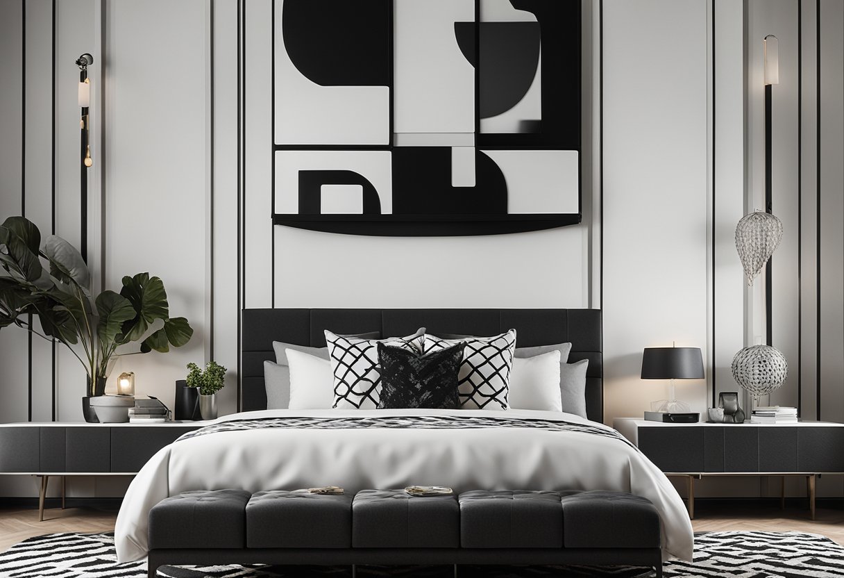 A black and white bedroom with pops of color through accessories like throw pillows, wall art, and a patterned rug. Personal touches like photo frames and decorative objects add warmth to the modern space