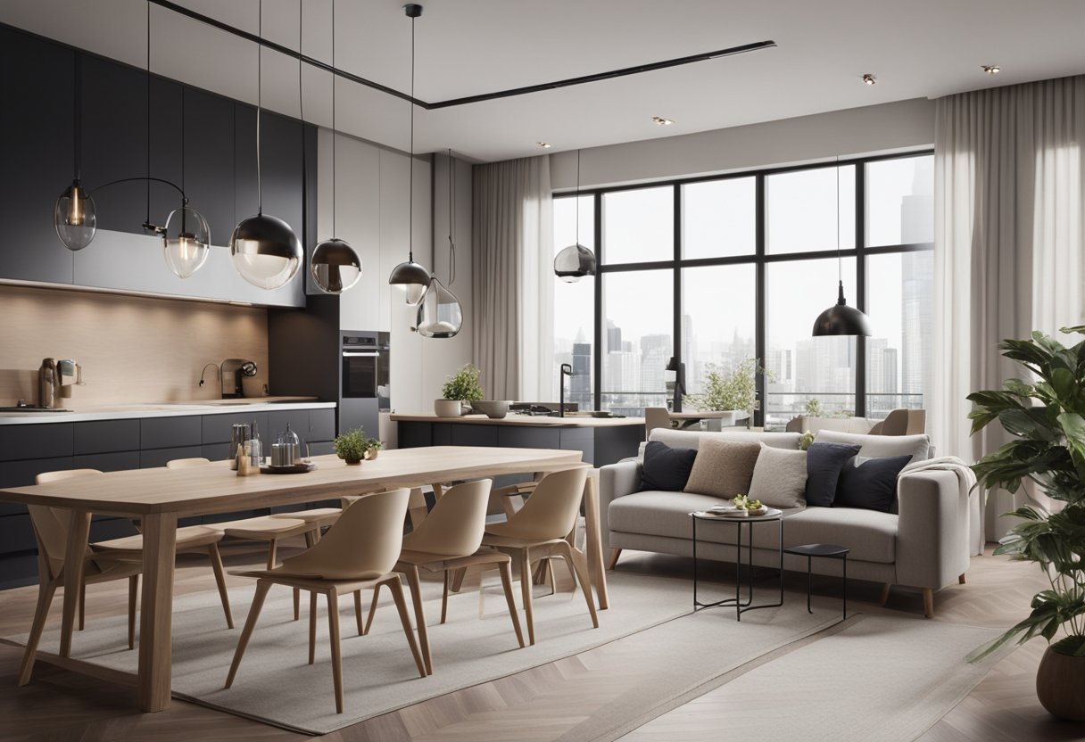 A spacious living room with connected kitchen and dining areas, featuring minimalistic furniture and natural light pouring in through large windows