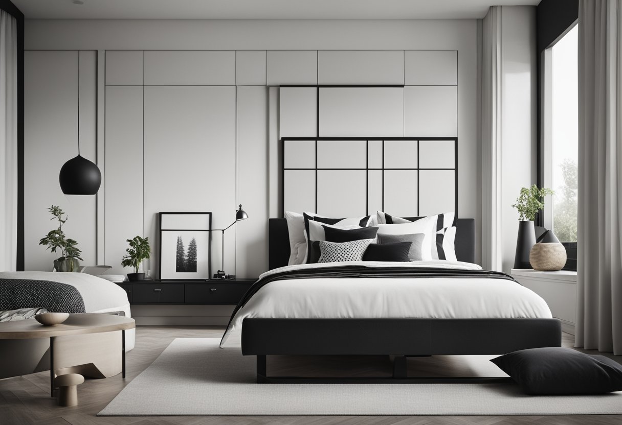A minimalist bedroom with monochrome decor, clean lines, and geometric patterns. A cozy bed, sleek furniture, and ample natural light