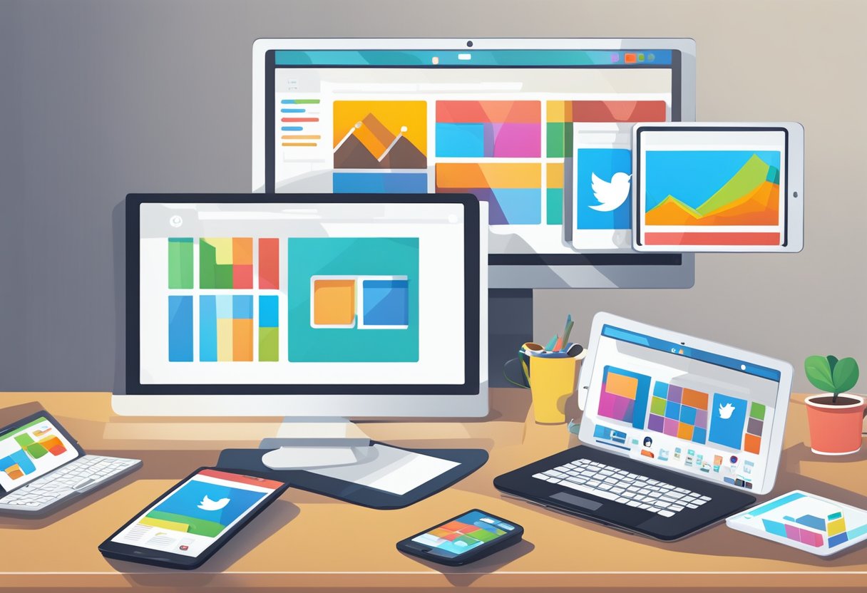 A laptop, smartphone, and tablet sit on a desk, each displaying different social media platforms. A graph on the wall shows revenue increasing