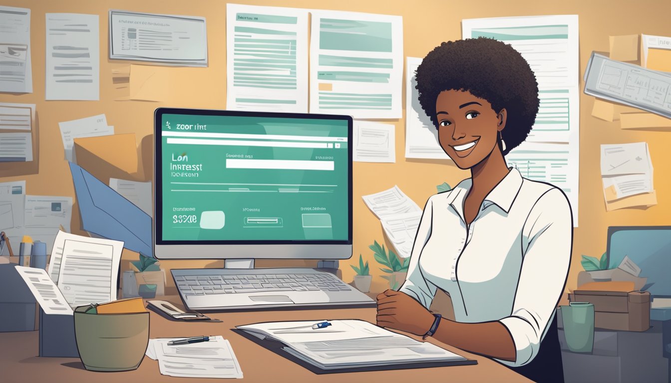 A smiling individual submits a loan application online, surrounded by financial documents and a calculator. The words "Zero Interest Personal Loans" are prominently displayed on the screen