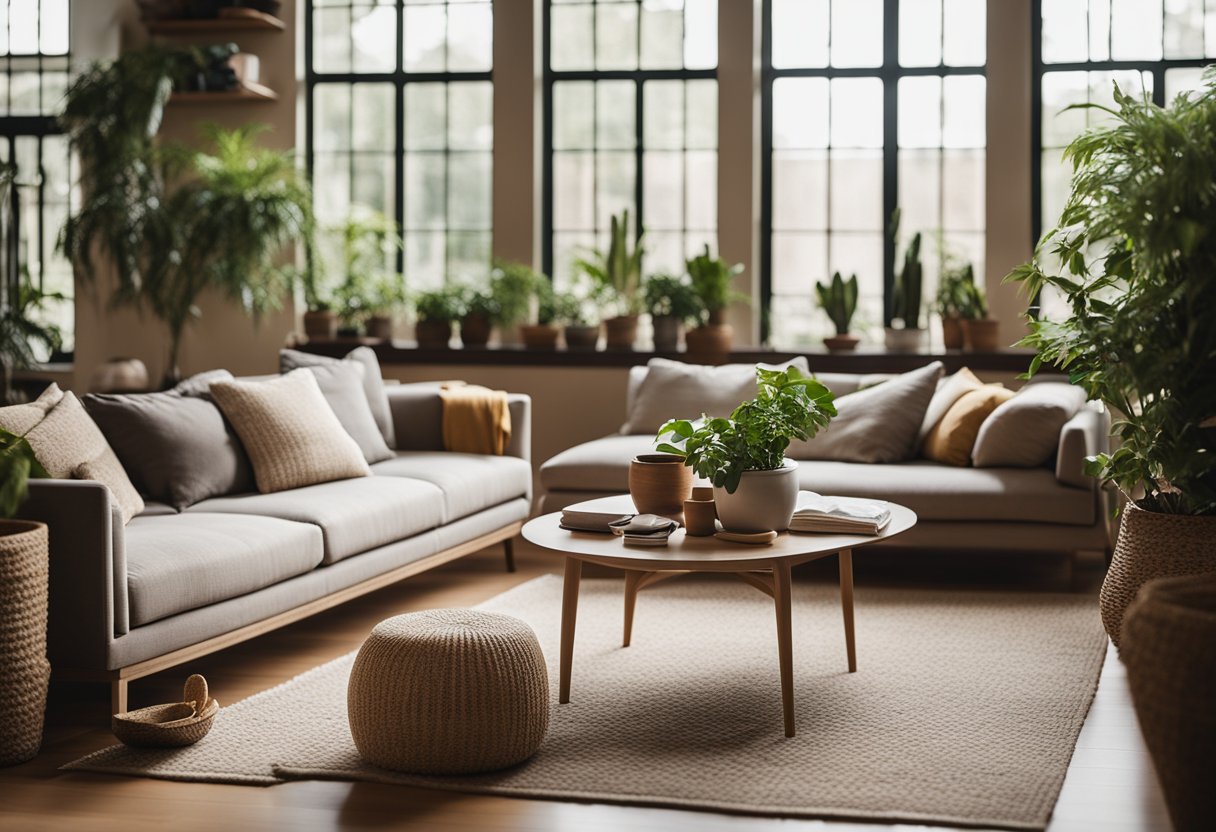 A cozy living room with earthy tones, natural materials, and comfortable furniture. Large windows let in plenty of natural light, while potted plants and textured rugs add warmth to the space
