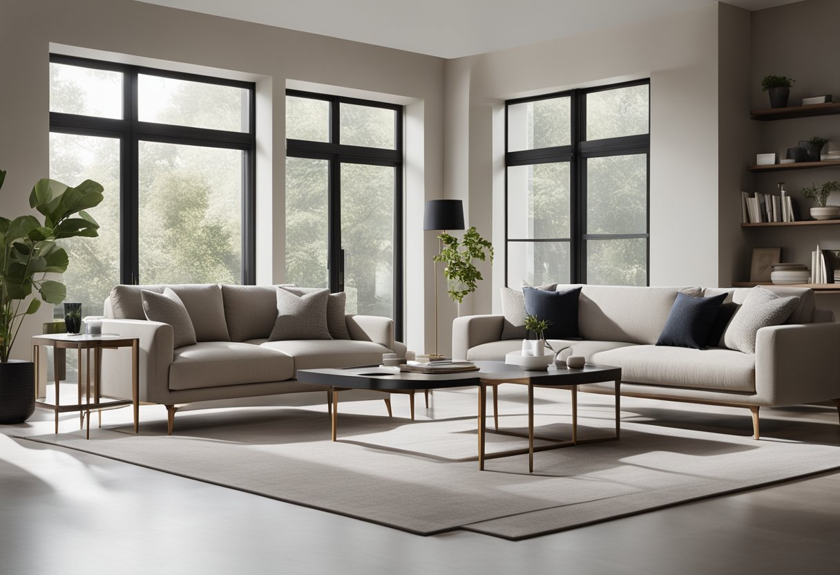 A modern, minimalist living room with neutral tones, clean lines, and sleek furniture. A large window lets in natural light, highlighting the elegant and functional design