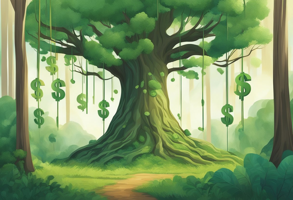 A tree growing tall with dollar signs sprouting from its branches, surrounded by smaller trees following its lead in a lush forest