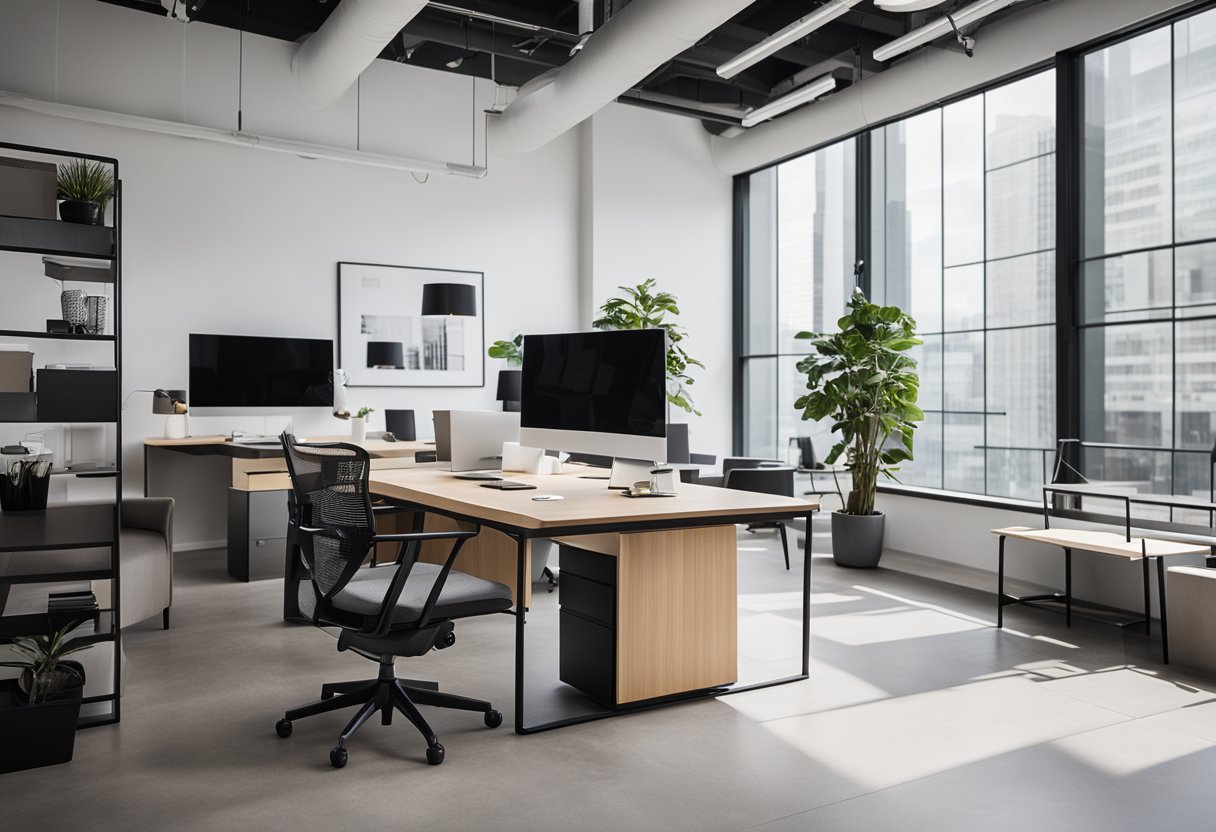 A modern, minimalist office space with sleek furniture and clean lines, accented by pops of color and unique design elements